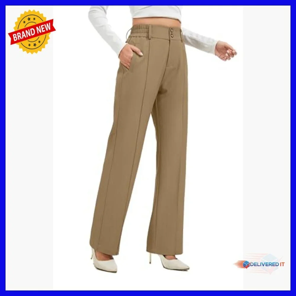 High Waist Wide Leg Straight Pants Elastic Waist Business Casual Trousers